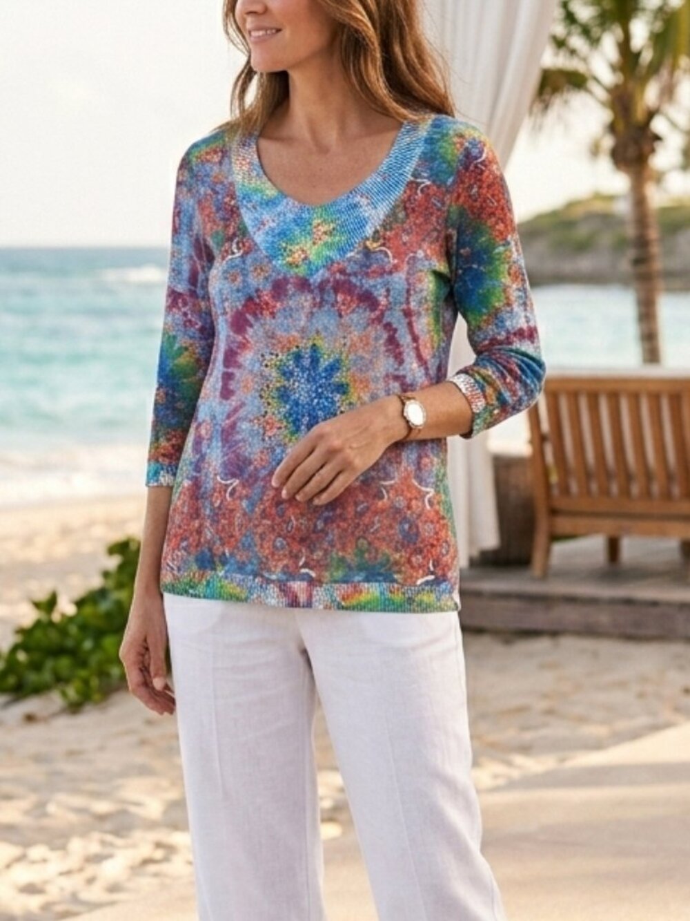 Alberto Makali Y2K Abstract Print Top Rhinestone V Neck Mesh Stretch Medium